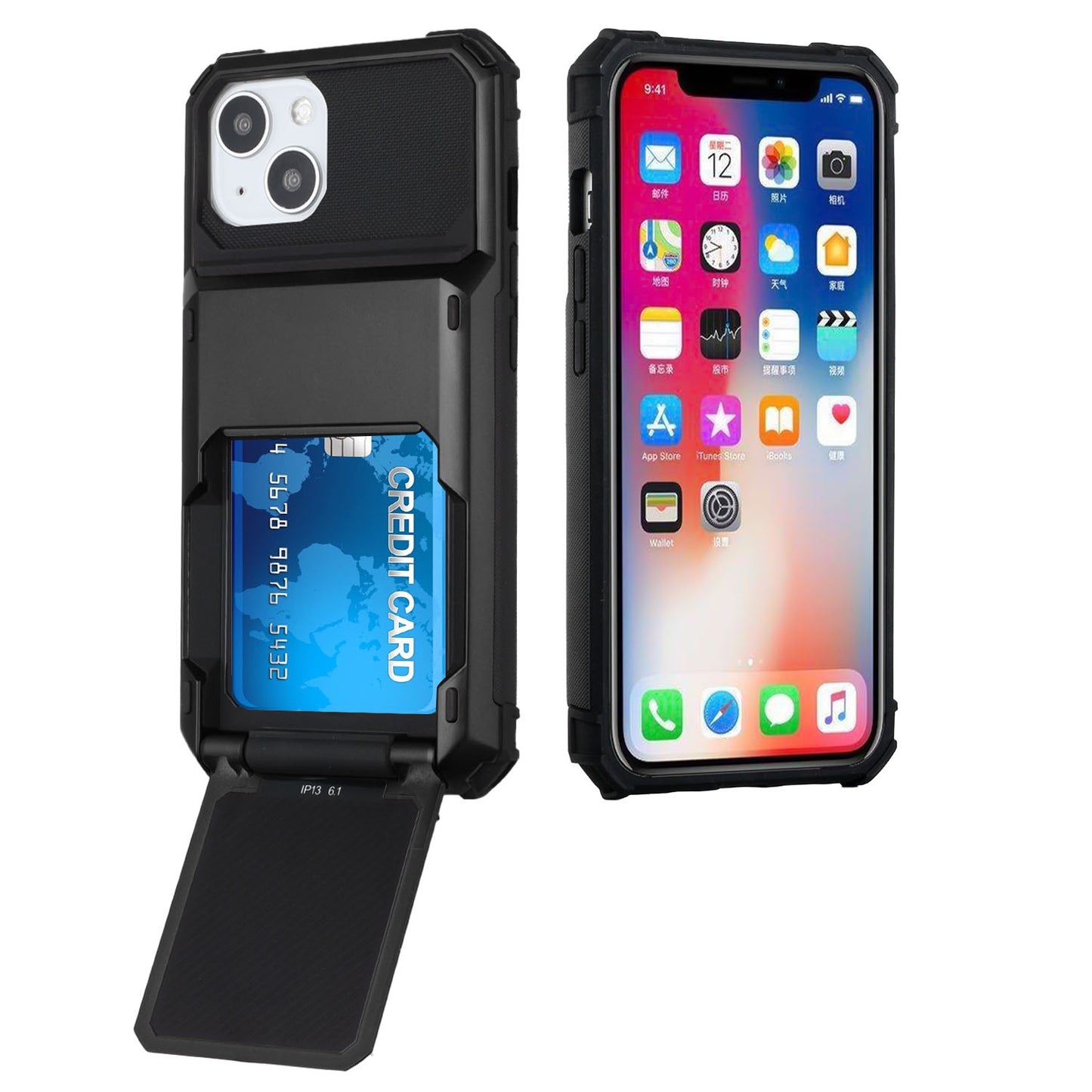 For Apple iPhone 13 (6.1") Multiple Wallet Hidden Credit Card Holder (Upto 5 Cards) Shockproof Hybrid Armor Durable  Phone Case Cover