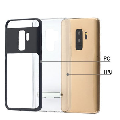 For Samsung Galaxy S9 Plus Hybrid Transparent Rubber Gummy Hard PC with Metal Kickstand Protective Clear Black Phone Case Cover