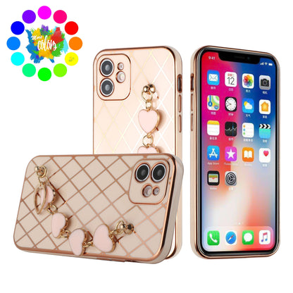 For Apple iPhone 11 (6.1") Electroplated Grid Diamond Lines with Hearts Chain Fashion Holder Hybrid Design TPU Hard PC  Phone Case Cover