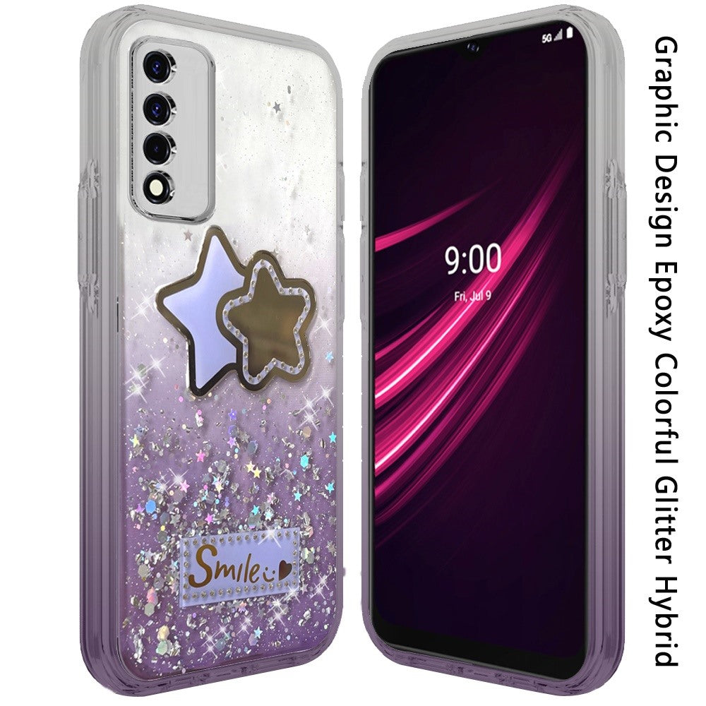 For TCL Revvl V Plus 5G (T-Mobile) Fashion Graphic Pattern Design Epoxy Colorful Skin Glitter Hybrid Bling TPU Hard Impact  Phone Case Cover