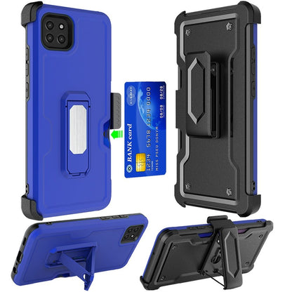 For Samsung Galaxy A22 5G Armor Belt Clip with Credit Card Holder, Holster, Kickstand Protective Full Body Heavy Duty Hybrid Blue Phone Case Cover