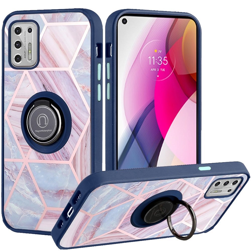 For Samsung Galaxy S22 Plus Marble Design with Magnetic Ring Kickstand Holder Hybrid TPU Hard PC Shockproof Armor Blue Pink Phone Case Cover