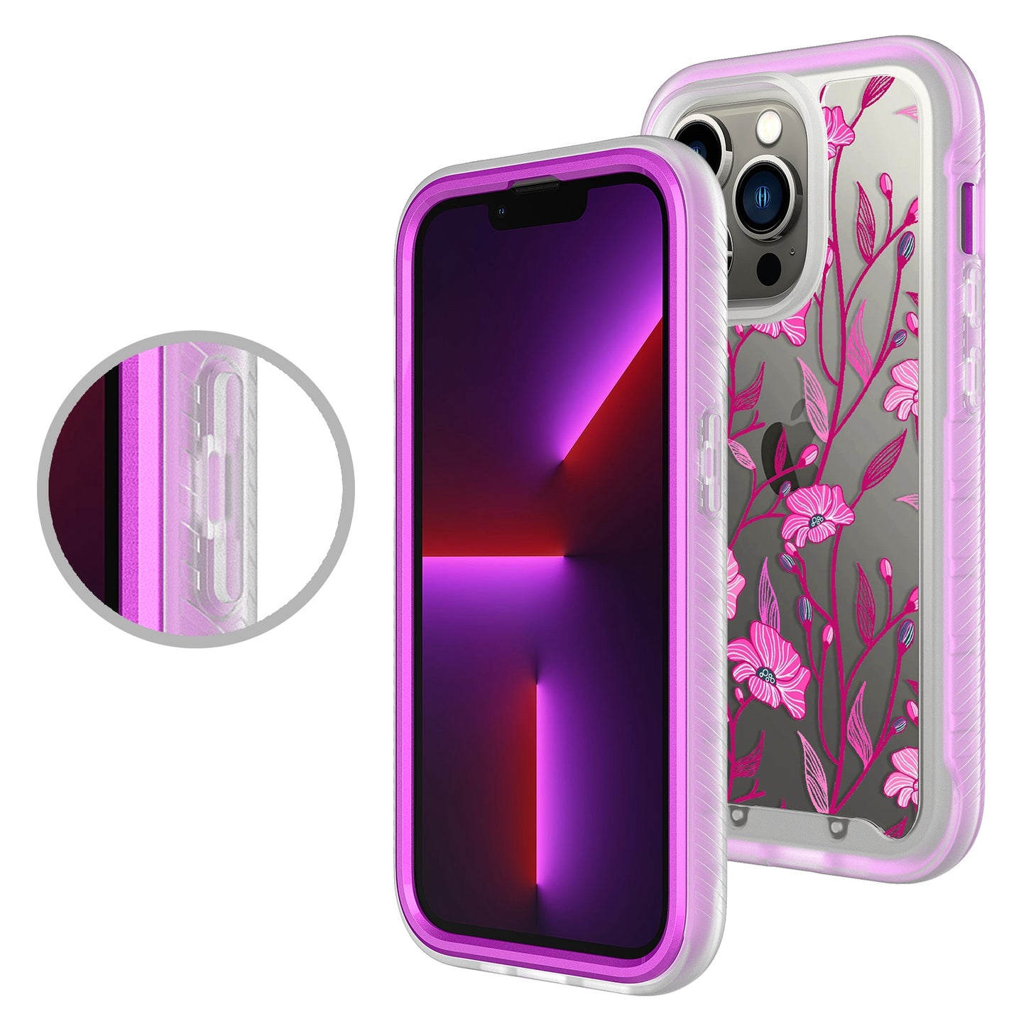 For OnePlus 10T 5G Stylish Flower Design 2in1 Hybrid Dual Layer Armor Hard PC Rubber TPU Shockproof Front Frame Exotic Purple Floral Phone Case Cover