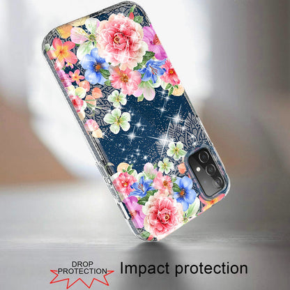 For Samsung Galaxy A72 5G Slim Hybrid Shiny Glitter Clear Floral Pattern Bloom Flower Design TPU Gel Hard PC Back  Phone Case Cover