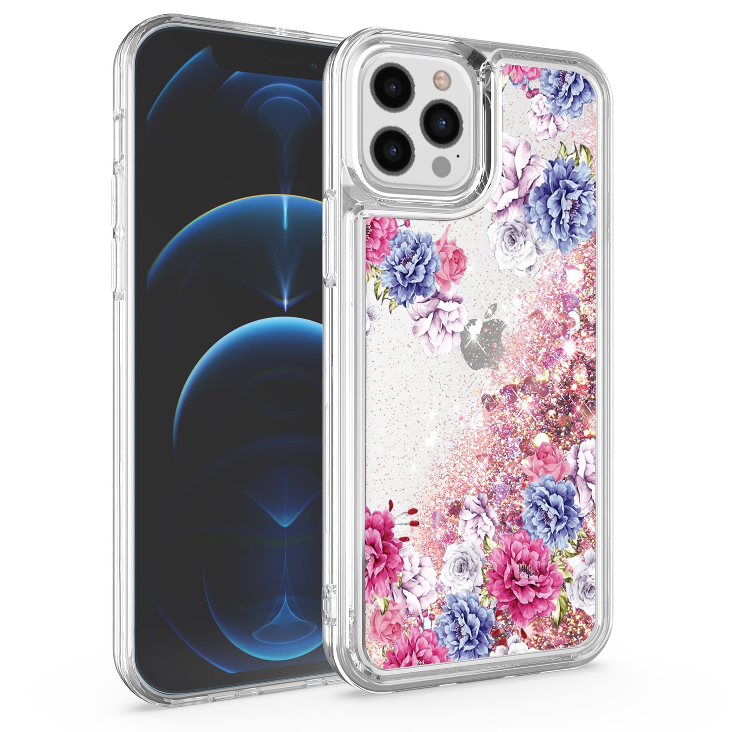 For Apple iPhone 14 (6.1") Floral Design Quicksand Water Flowing Liquid Floating Sparkle Colorful Bling Hybrid  Phone Case Cover