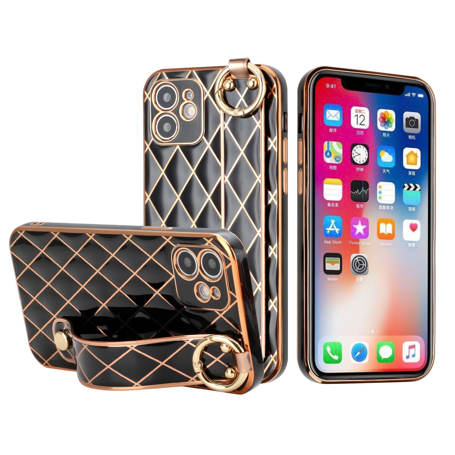 For Apple iPhone 11 (6.1") Chromed Grid Design with Strap Holder Fashion Hybrid Rubber TPU Hard PC Slim Fit  Phone Case Cover