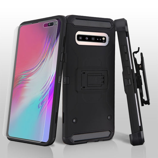 For Samsung Galaxy S10 5G (6.7") Hybrid Armor with Belt Clip Holster Kickstand & Screen Protector Hard PC Shockproof Gray Phone Case Cover