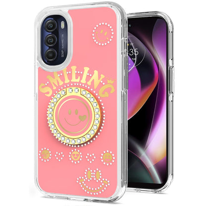 For Motorola Moto G 5G 2022 Smiling Glitter Ornament Bling Sparkle with Ring Stand Hybrid Slim TPU + Hard Back Shell  Phone Case Cover