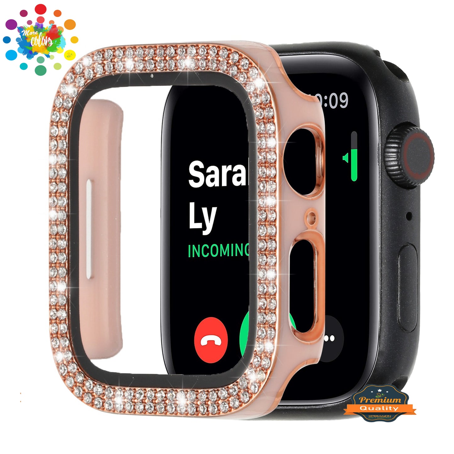 For Apple Watch Series 7/6/SE/5/4/3/2/1 Bling Diamond Rhinestone Full Coverage with Tempered Glass Screen Frame Cover