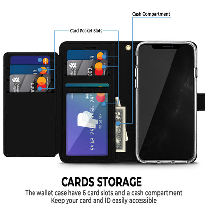 For Apple iPhone 11 Pro Max (6.5") luxurious PU leather Wallet 6 Card Slots Pocket folio Wrist Strap & Kickstand Pouch Flip  Phone Case Cover