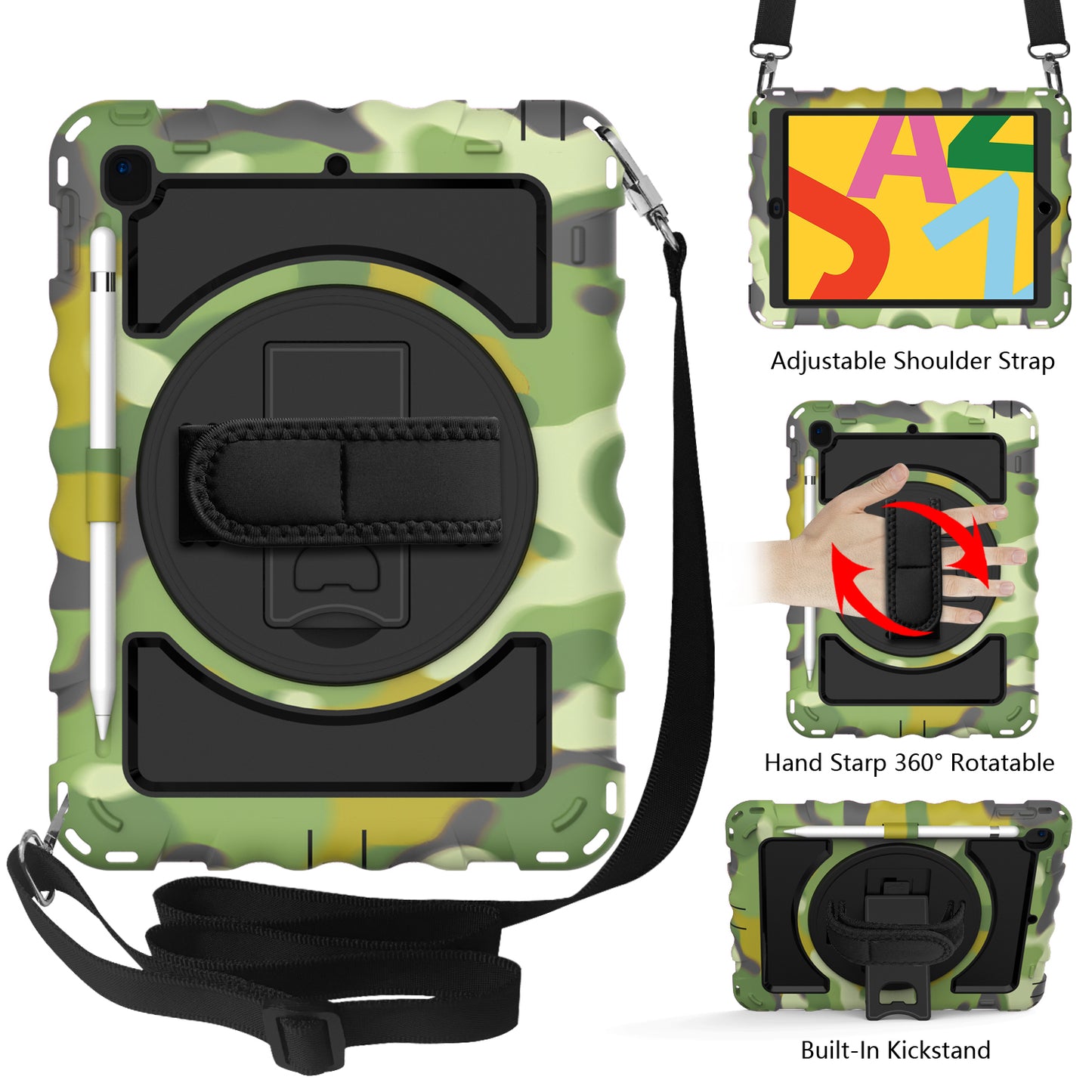 Case for Apple iPad Air 4 / iPad Air 5 / iPad Pro (11 inch) Hybrid 3in1 Armor Rugged with Built-in Kickstand 360° Rotatable Stand & Shoulder Hand Strap Corner Shockproof Camouflage Tablet Cover