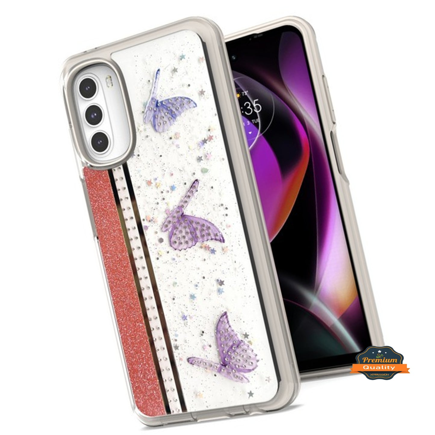 For Motorola Moto G 5G 2022 Butterflies Design Bling Glitter Shockproof Hybrid Soft TPU Frame and Hard PC Back Slim  Phone Case Cover