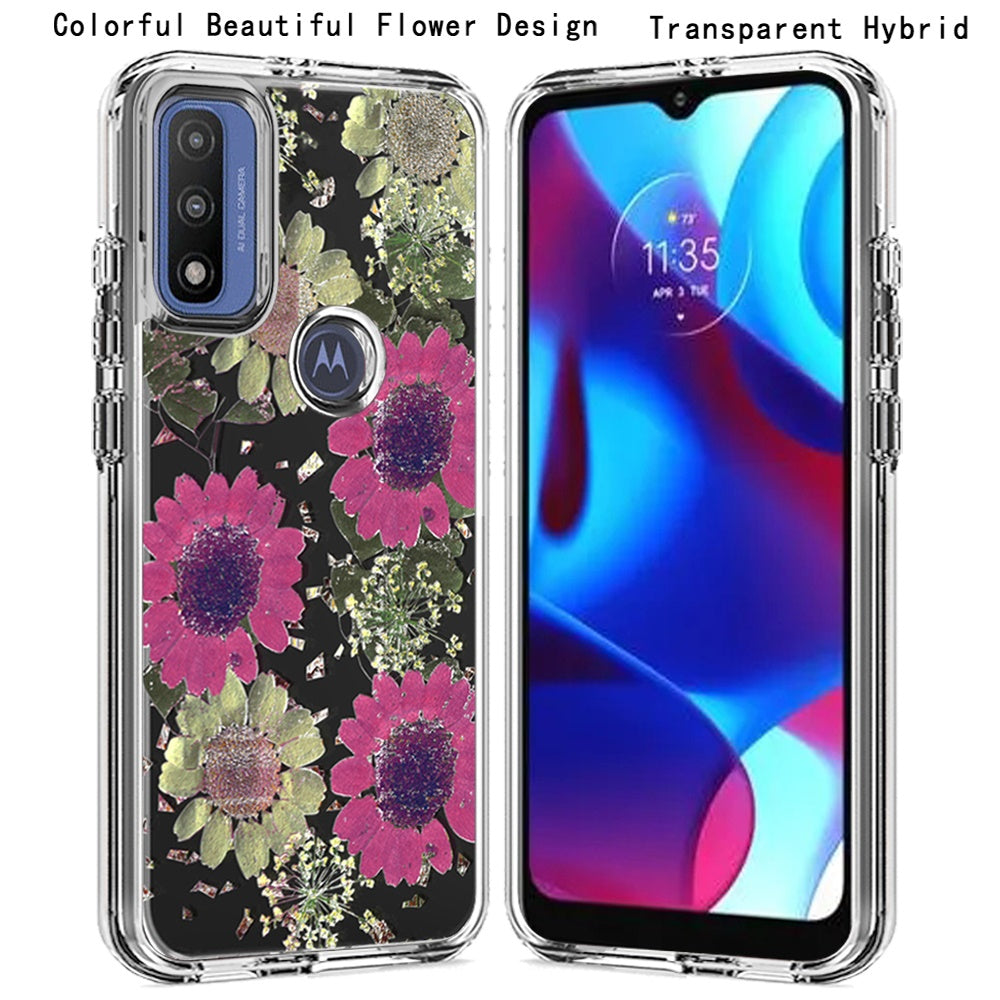 For Motorola Moto G Power 2022 (6.5") Glitter Floral Print Pattern Clear Design Shockproof Hybrid Fashion Sparkle Rubber TPU  Phone Case Cover