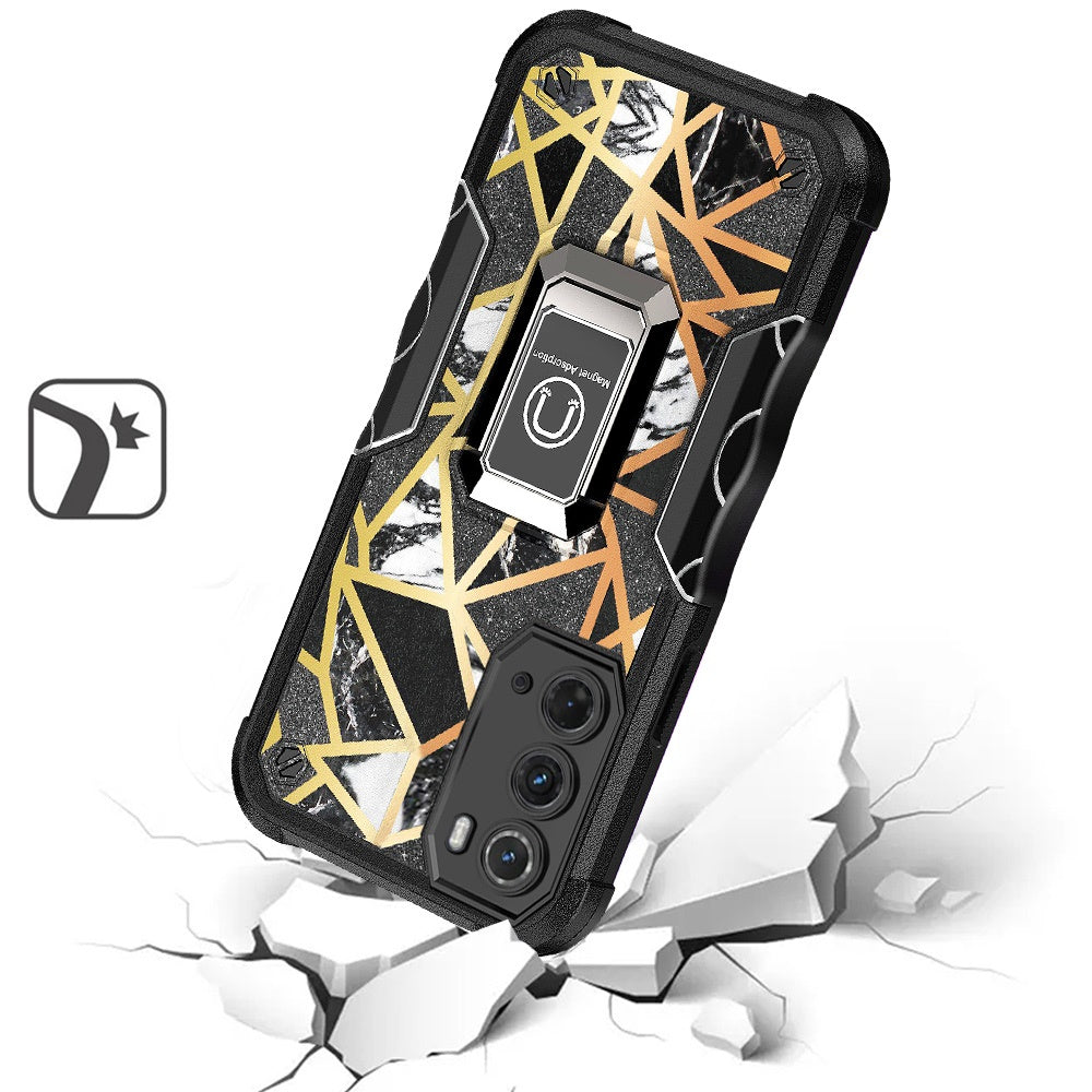 For Motorola Moto Edge (2022) Marble Stone Design Hybrid Armor Magnetic Ring Stand Kickstand Heavy Duty Rugged  Phone Case Cover