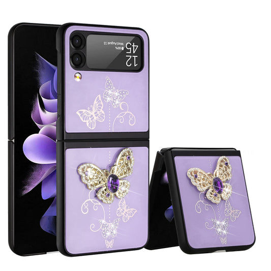 For Samsung Galaxy Z Flip 4 5G 3D Diamond Bling Sparkly Glitter Ornaments Engraving Hybrid Metal Fashion Purple Garden Butterflies Phone Case Cover