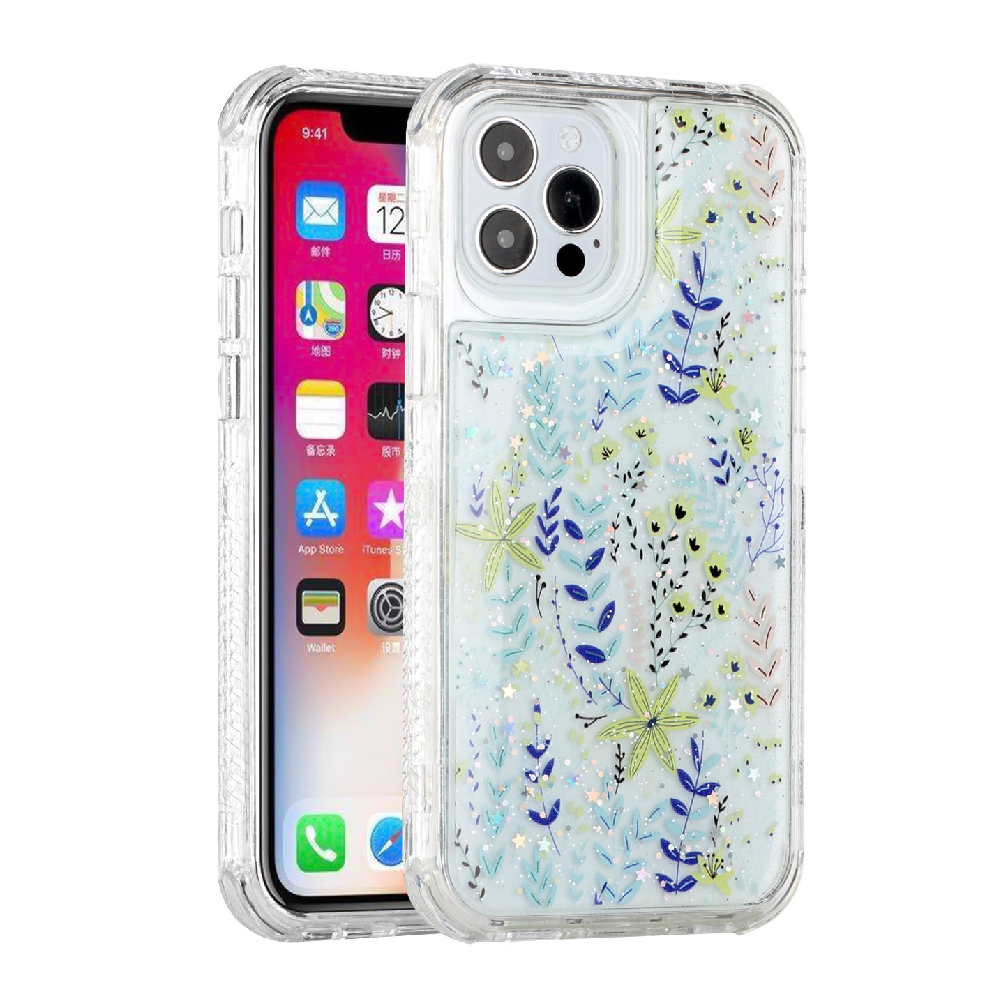 For Apple iPhone 11 (6.1") Sparkle Glitter Floral Epoxy Design Shockproof Hybrid Fashion Bling Rubber TPU  Phone Case Cover