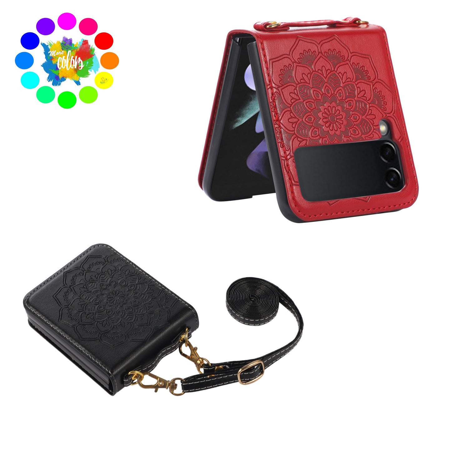 For Samsung Galaxy Z Flip 3 5G Embossed Floral Henna Mandala Design PU Leather with Strap Lanyard Slim Fit Hybrid  Phone Case Cover