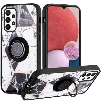 For Samsung Galaxy A13 4G 2022 Marble Design with Magnetic Ring Kickstand Holder Hybrid TPU Hard PC Shockproof Armor Classy Black Phone Case Cover