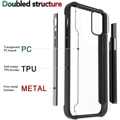 For Samsung Galaxy A02s Hybrid Aluminum Alloy Metal Clear Transparent Back PC TPU Bumper Shockproof Black Phone Case Cover