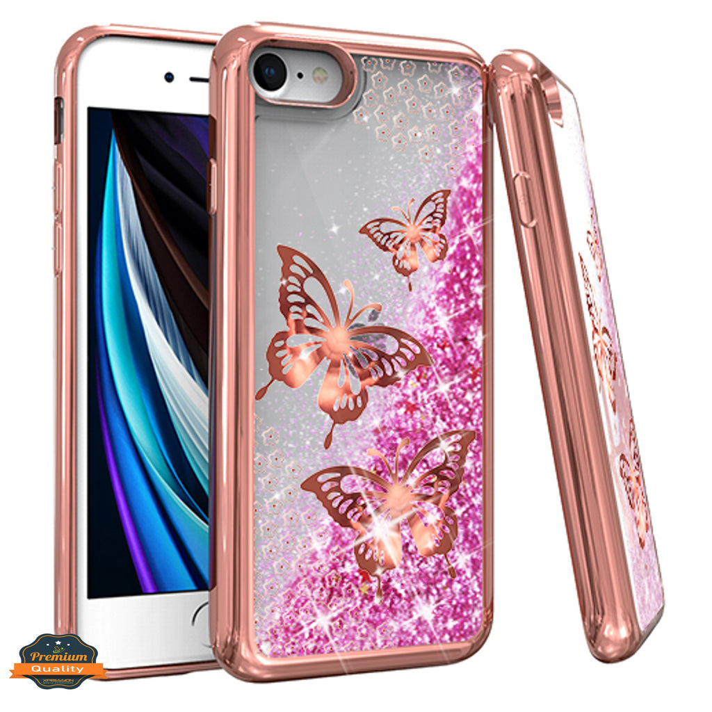 uCOLOR Rose Pink Glitter Case Compatible with iPhone SE (2022)/ iPhone  8/7/6S/6/SE 2nd 4.7 Sparkle Quicksand Liquid Waterfall Clear Protective  Case