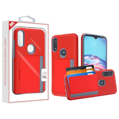 For Motorola Moto E /Moto E7 (2020) Credit Card Wallet Back Storage Invisible Pocket Dual Layer Hard PC TPU Hybrid Red Phone Case Cover