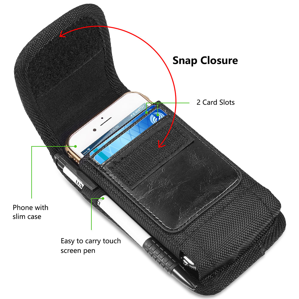 For Nokia C200 Universal Vertical Nylon Case Holster with 2 Card Slots, Pen Holder, Belt Clip Loop & Hook Carrying Phone Pouch [Black]