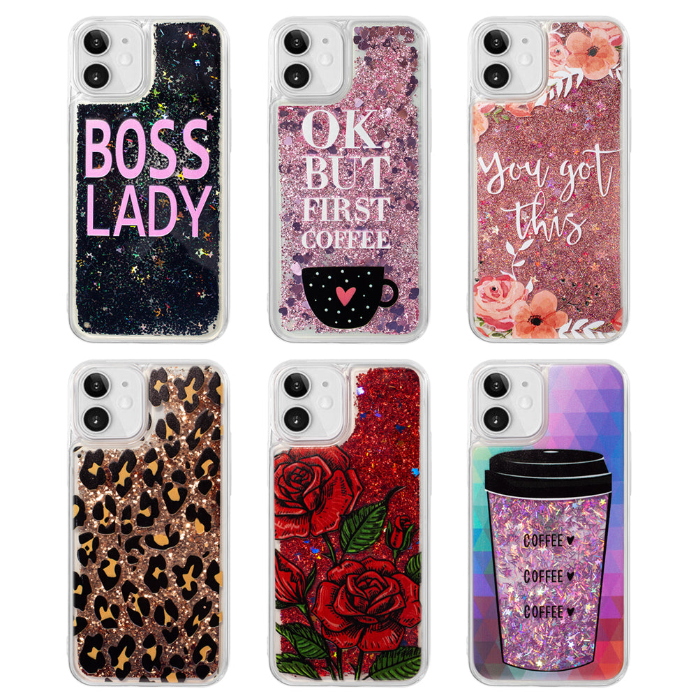 For Apple iPhone 13 /Pro Max Mini Hybrid Bling Luxury Fashion Design Flowing Liquid Glitter Floating Quicksand Sparkle Glitter Soft TPU + PC  Phone Case Cover