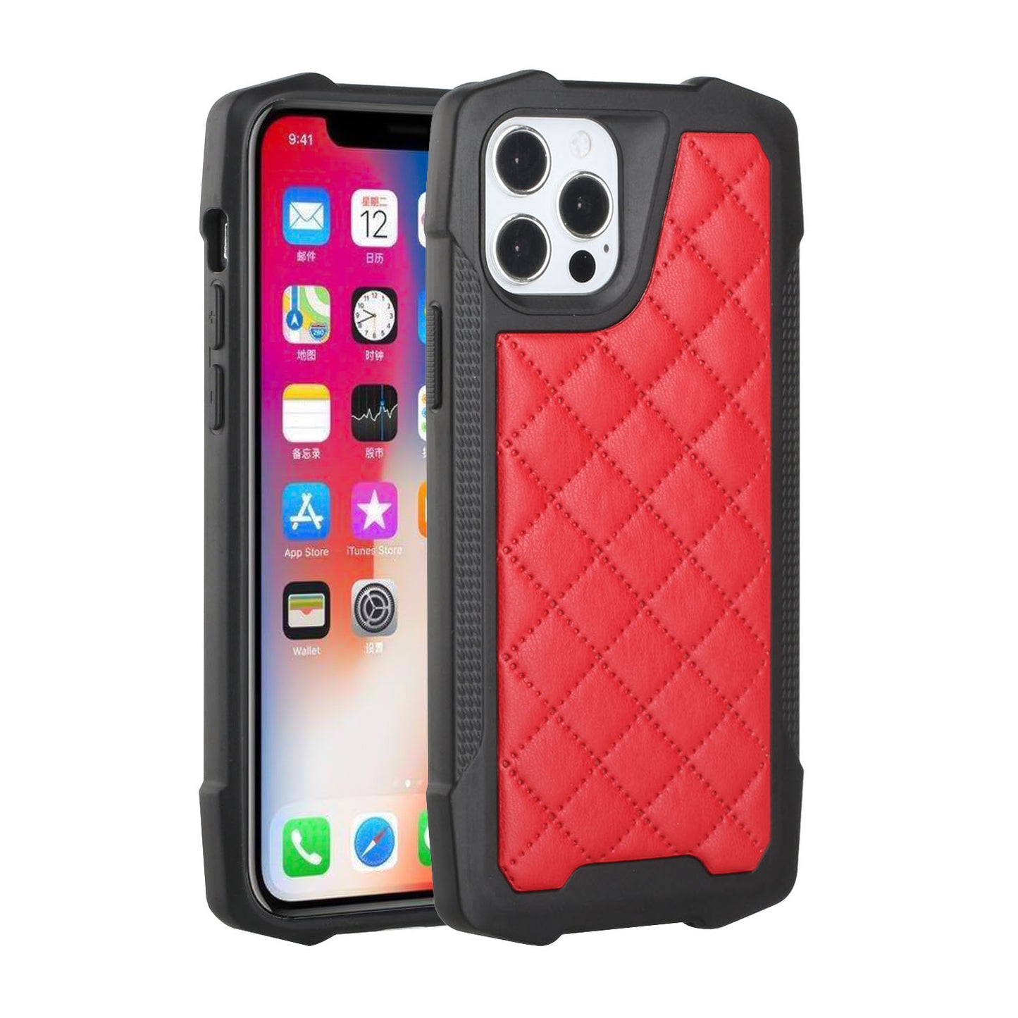 For Apple iPhone 13 Pro Max (6.7") PU Leather Design Lines Hybrid PC Hard Shockproof Armor Shell Bumper Soft Rubber Protection  Phone Case Cover