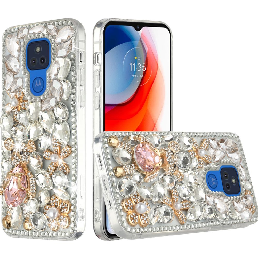 For Samsung Galaxy S22 Bling Clear Crystal 3D Full Diamonds Luxury Sparkle Rhinestone Hybrid TPU Protective Silver Panda Floral Phone Case Cover