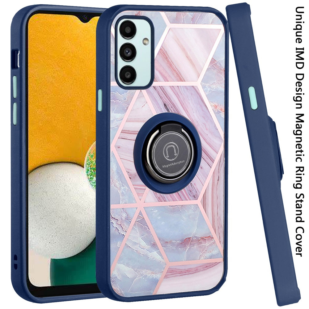 For Samsung Galaxy A13 4G 2022 Marble Design with Magnetic Ring Kickstand Holder Hybrid TPU Hard PC Shockproof Armor Blue Pink Phone Case Cover