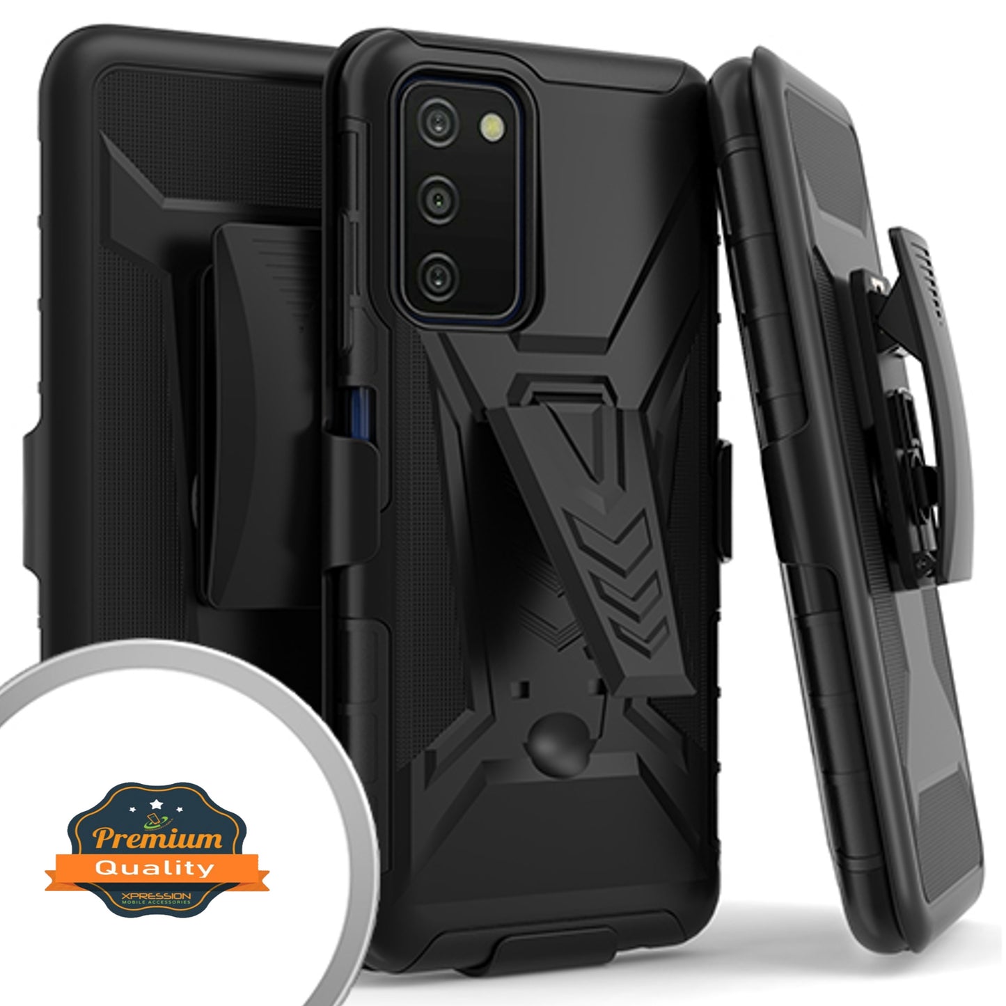 For Samsung Galaxy A03S Hybrid Belt Clip Holster with Built-in Kickstand, Heavy Duty Protective Shock Absorption Armor Defender Black Phone Case Cover