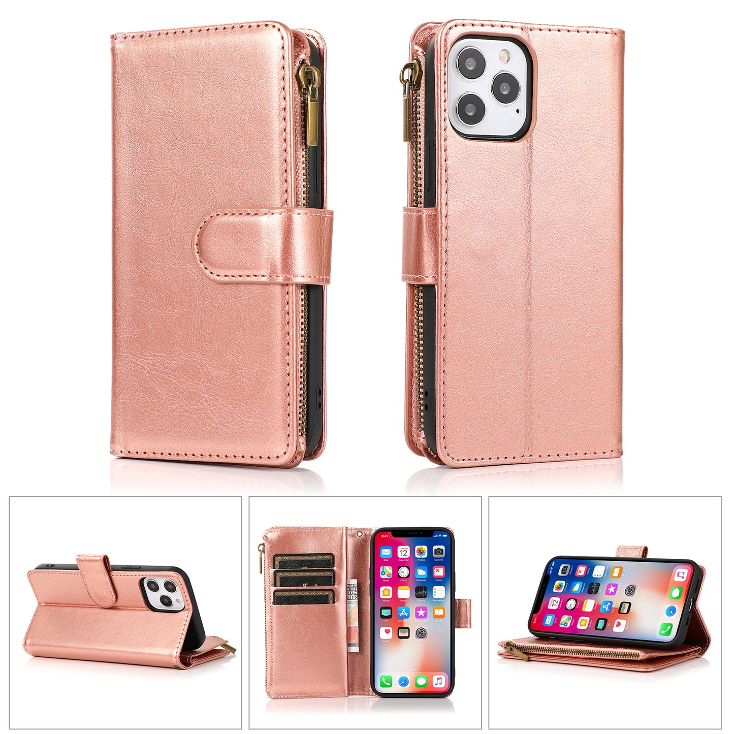 For Motorola Edge 2021 Leather Zipper Wallet Case 9 Credit Card Slots Cash Money Pocket Clutch Pouch with Stand & Strap  Phone Case Cover