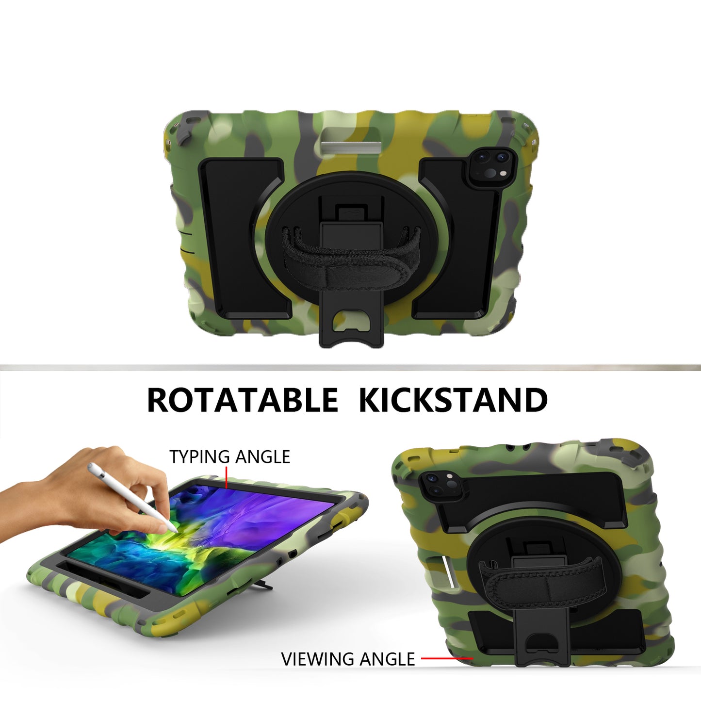 Case for Apple iPad Air 4 / iPad Air 5 / iPad Pro (11 inch) Hybrid 3in1 Armor Rugged with Built-in Kickstand 360° Rotatable Stand & Shoulder Hand Strap Corner Shockproof Camouflage Tablet Cover