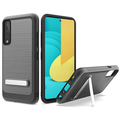 For Apple iPhone 13 Pro (6.1") Slim Brushed Hybrid Shock-Absorption Armor Edged Carbon Fiber with Metal Kickstand Rugged Texture  Phone Case Cover