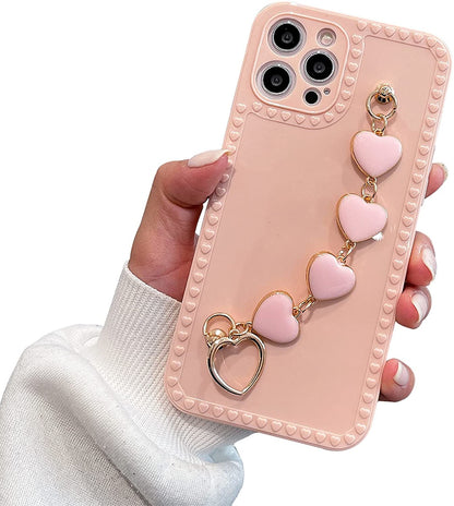 For Apple iPhone 12 Pro Max (6.7") Hybrid Soft TPU Rubber Cute Pattern with Love Heart Chain Wristband Bracelet Strap Protective  Phone Case Cover