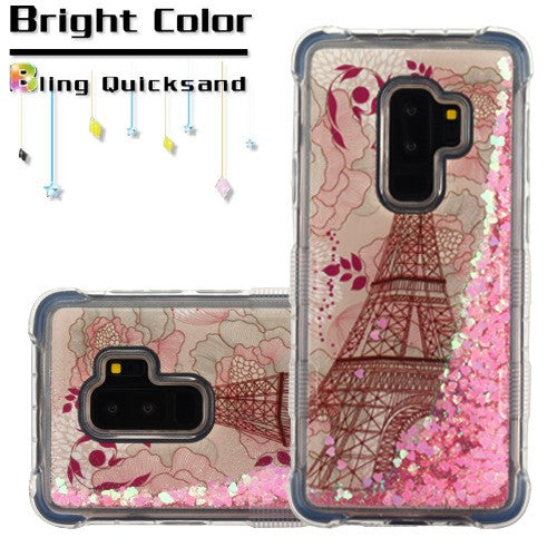 For Samsung Galaxy S9 Plus Quicksand Liquid Glitter Bling Hybrid Flowing Sparkle Fashion Protector Skin Eiffel Tower Phone Case Cover