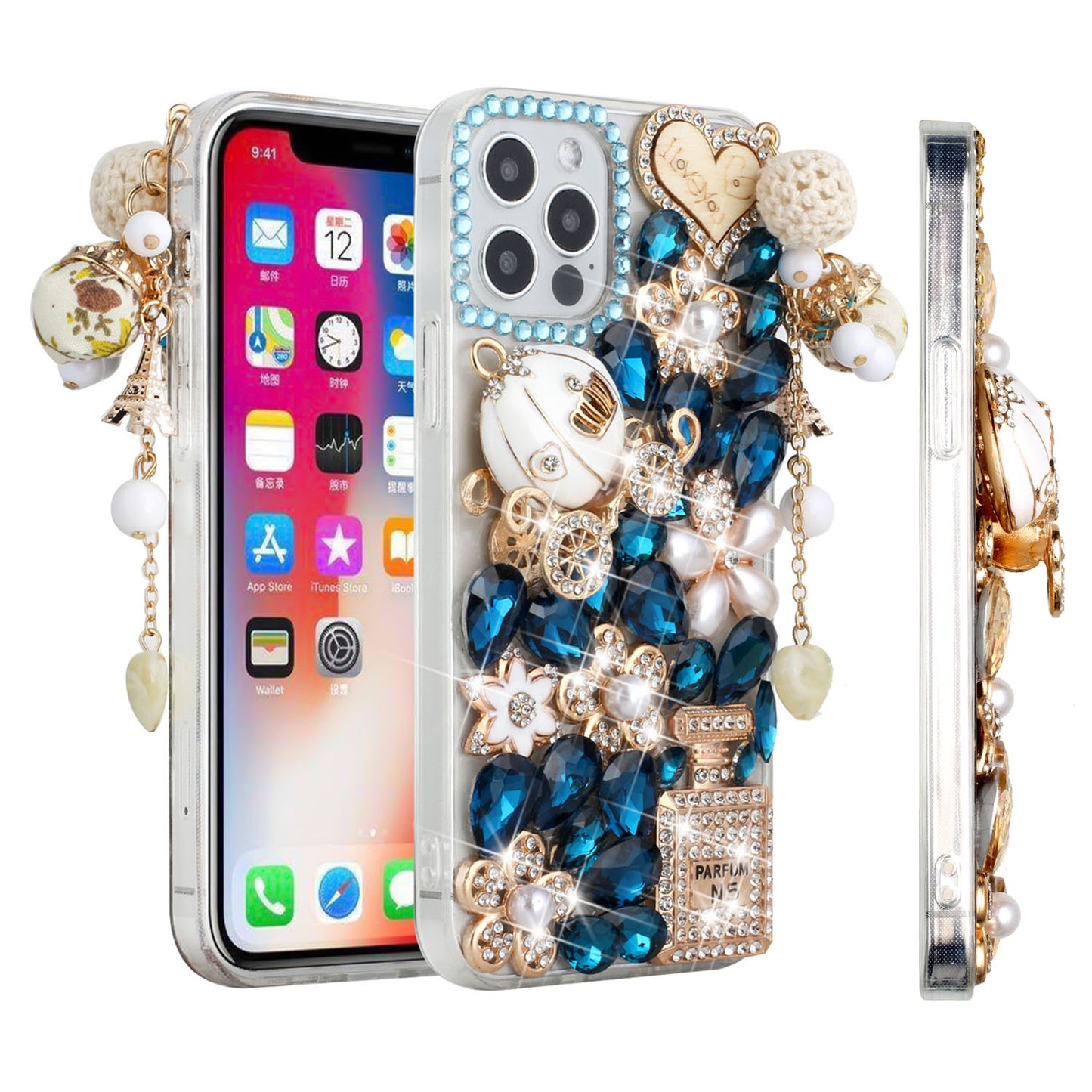 For Apple iPhone 12 /12 Pro (6.1") Bling Crystal 3D Full Diamonds Pearl Luxury Sparkle Rhinestone Glitter Hybrid Ultimate Multi Ornament Blue Phone Case Cover