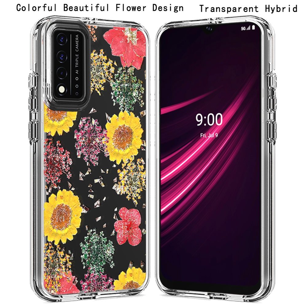 For TCL Revvl V Plus 5G (T-Mobile) Glitter Floral Print Pattern Clear Design Shockproof Hybrid Fashion Sparkle Rubber TPU  Phone Case Cover