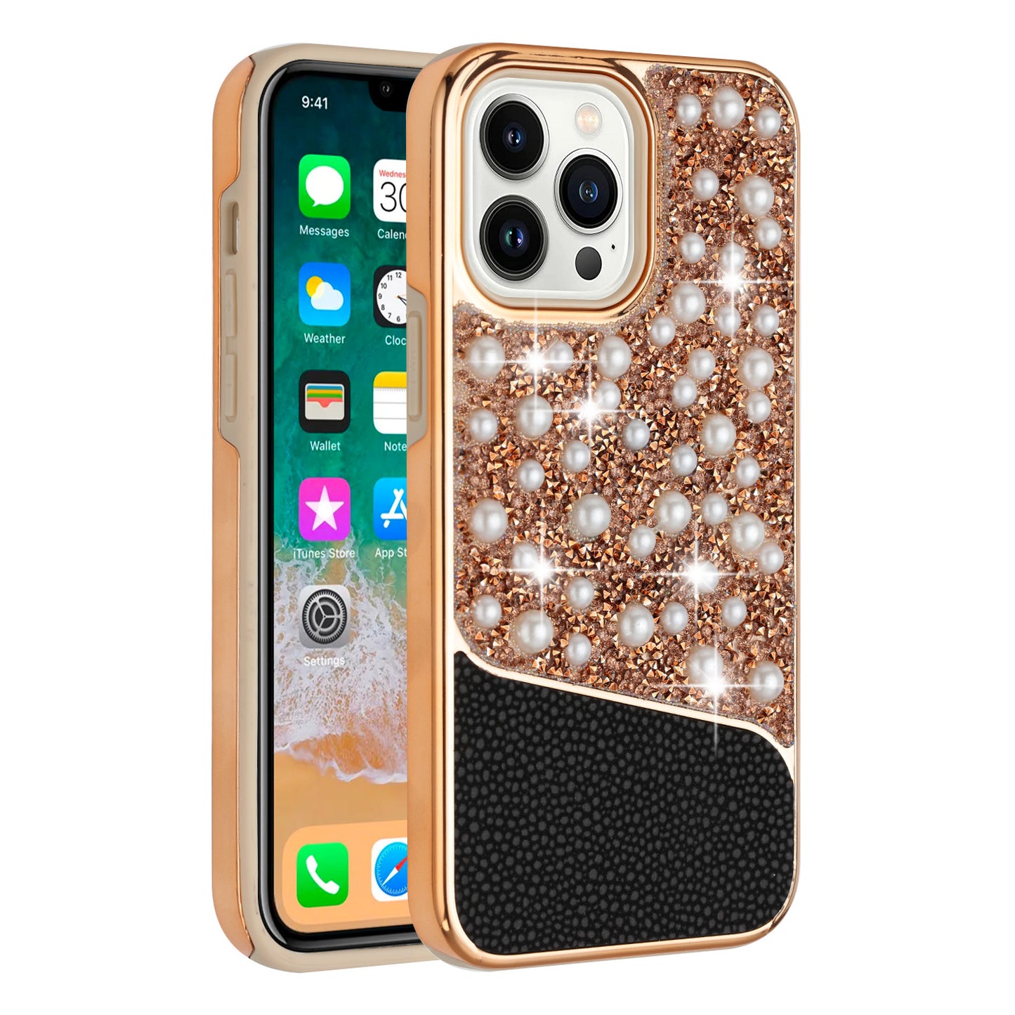 For Apple iPhone 11 (6.1") Bling Pearl Diamonds Design Glitter Hybrid Thick Hard TPU Shiny Protective Rubber Frame  Phone Case Cover