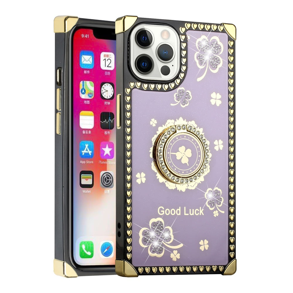 For Apple iPhone 13 (6.1") Fashion Art Square Hearts Diamond Bling Sparkly Glitter Ornaments with Ring Stand  Phone Case Cover