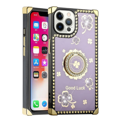 For Apple iPhone 13 (6.1") Fashion Art Square Hearts Diamond Bling Sparkly Glitter Ornaments with Ring Stand  Phone Case Cover