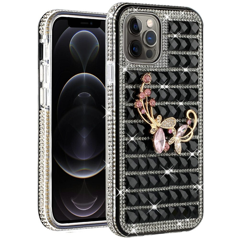 For Apple iPhone 12 Pro Max (6.7") Fashion Luxury 3D Bling Diamonds Rhinestone Jeweled Ornament Shiny Crystal Hybrid Hard  Phone Case Cover