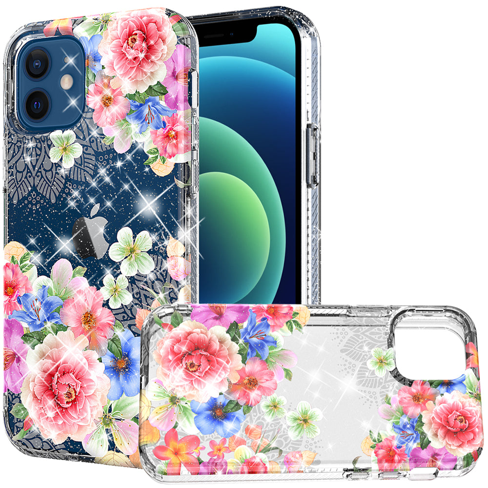 For Apple iPhone 8 /7/6s/6 /SE 2nd Generation Slim Hybrid Shiny Glitter Clear Floral Pattern Bloom Flower Design Hard PC  Phone Case Cover