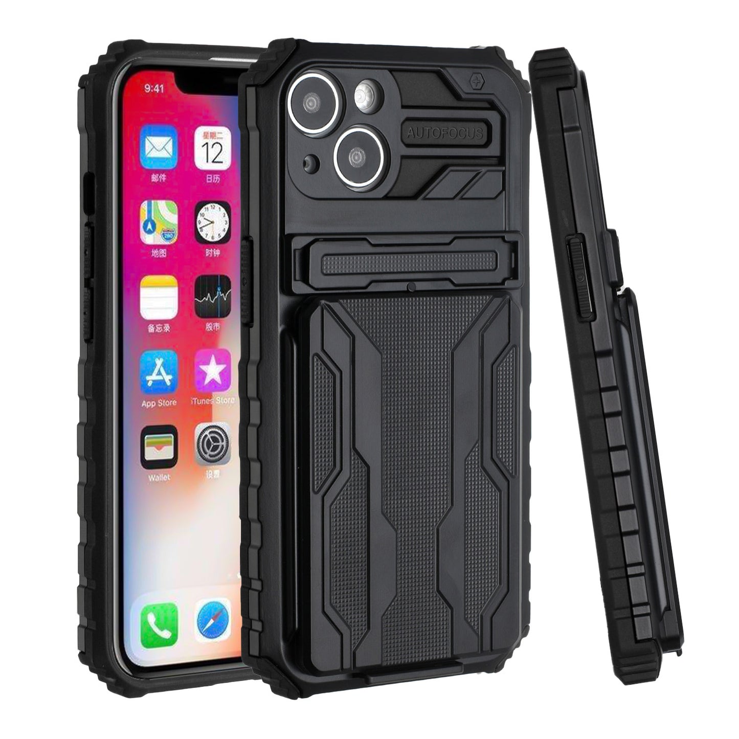 For Apple iPhone 11 (6.1") Wallet Credit Card Holder ID Slot Hidden Back Pocket with Kickstand Dual Layer Shell Hybrid Black Phone Case Cover