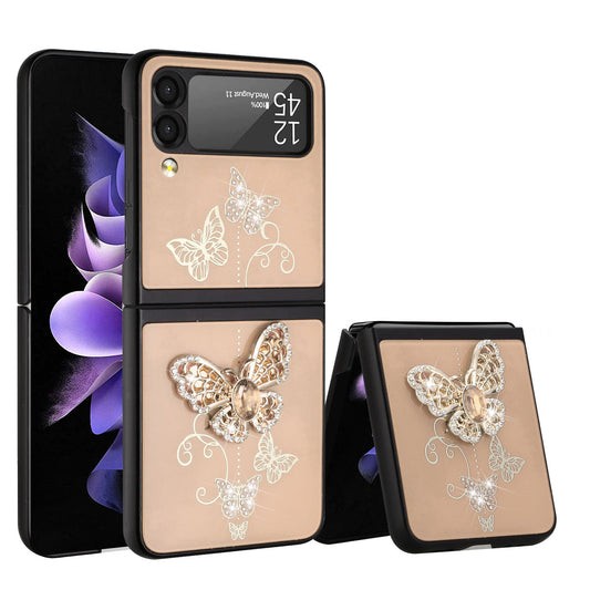 For Samsung Galaxy Z Flip 4 5G 3D Diamond Bling Sparkly Glitter Ornaments Engraving Hybrid Metal Fashion Gold Garden Butterflies Phone Case Cover