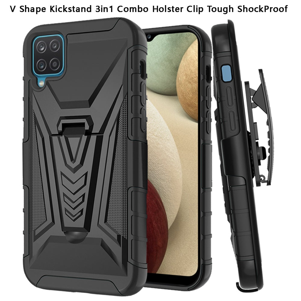 For Samsung Galaxy A12 5G 3 in 1 Rugged Swivel Belt Clip Holster Heavy Duty Tuff Hybrid Armor Rubber TPU with Kickstand Stand Black Phone Case Cover