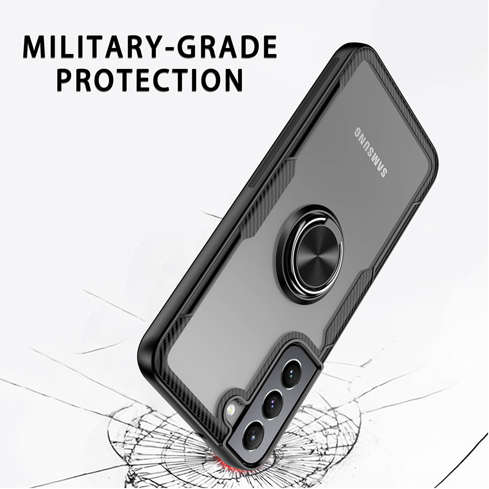 For Samsung Galaxy S22 /Plus Ultra Hybrid Clear Carbon Fiber Trim & Rubber TPU Bumper 360° Rotating Magnetic Finger Ring Stand  Phone Case Cover