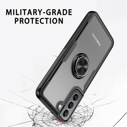 For Samsung Galaxy S22 /Plus Ultra Hybrid Clear Carbon Fiber Trim & Rubber TPU Bumper 360° Rotating Magnetic Finger Ring Stand  Phone Case Cover