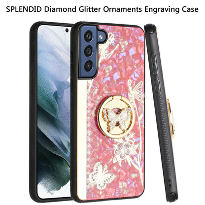 For Samsung Galaxy S22 /Plus Ultra Diamond Bling Sparkly 3D Ornaments Engraving Hybrid with Ring Stand Holder Rugged Fashion  Phone Case Cover