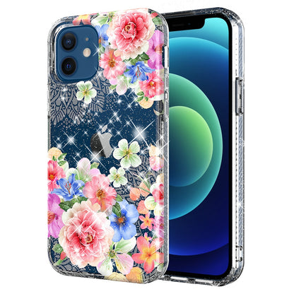 For Samsung Galaxy A72 5G Slim Hybrid Shiny Glitter Clear Floral Pattern Bloom Flower Design TPU Gel Hard PC Back  Phone Case Cover